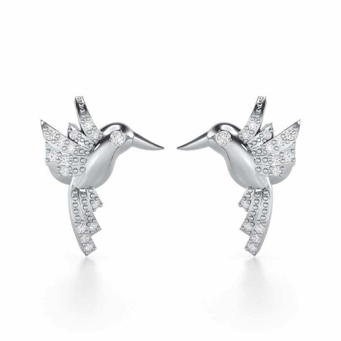Opulent Bird Silver Stud Earrings - White Gold - Image 1