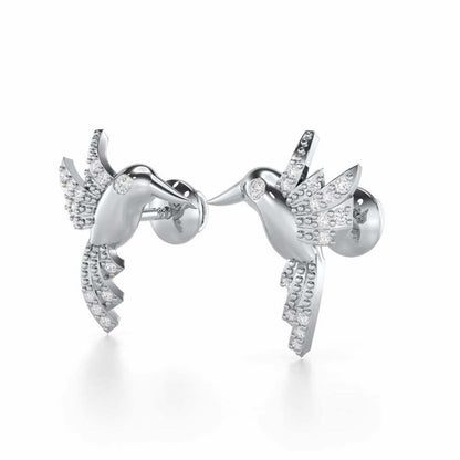Opulent Bird Silver Stud Earrings - White Gold - Image 3