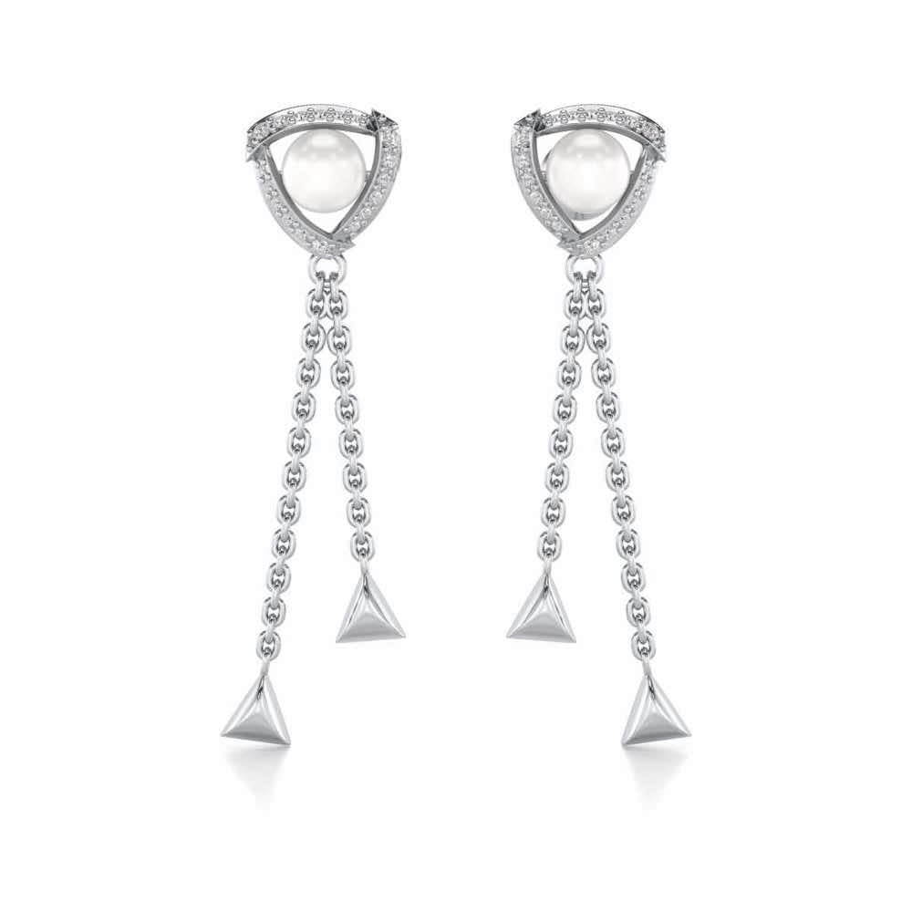 Pearl Eye Silver Dangler Earrings - White Gold - Image 1