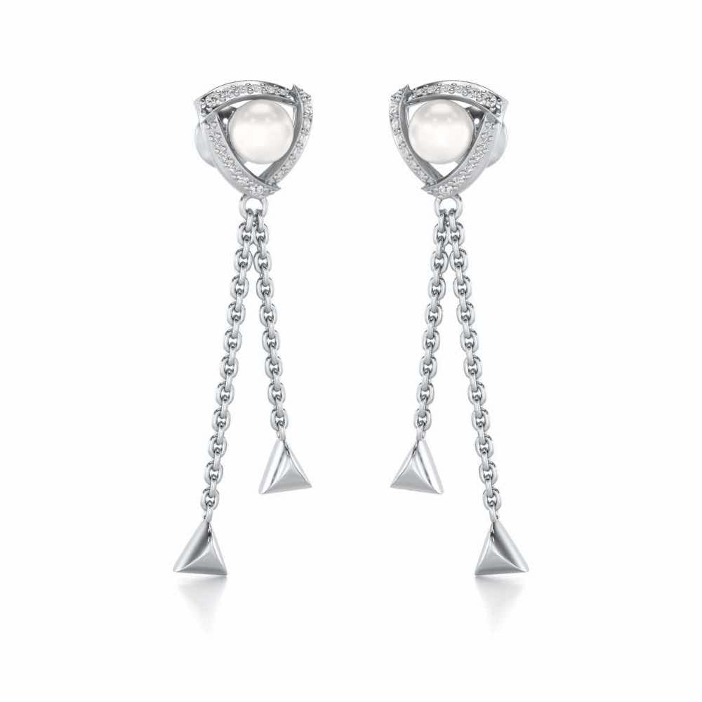 Pearl Eye Silver Dangler Earrings - White Gold - Image 2