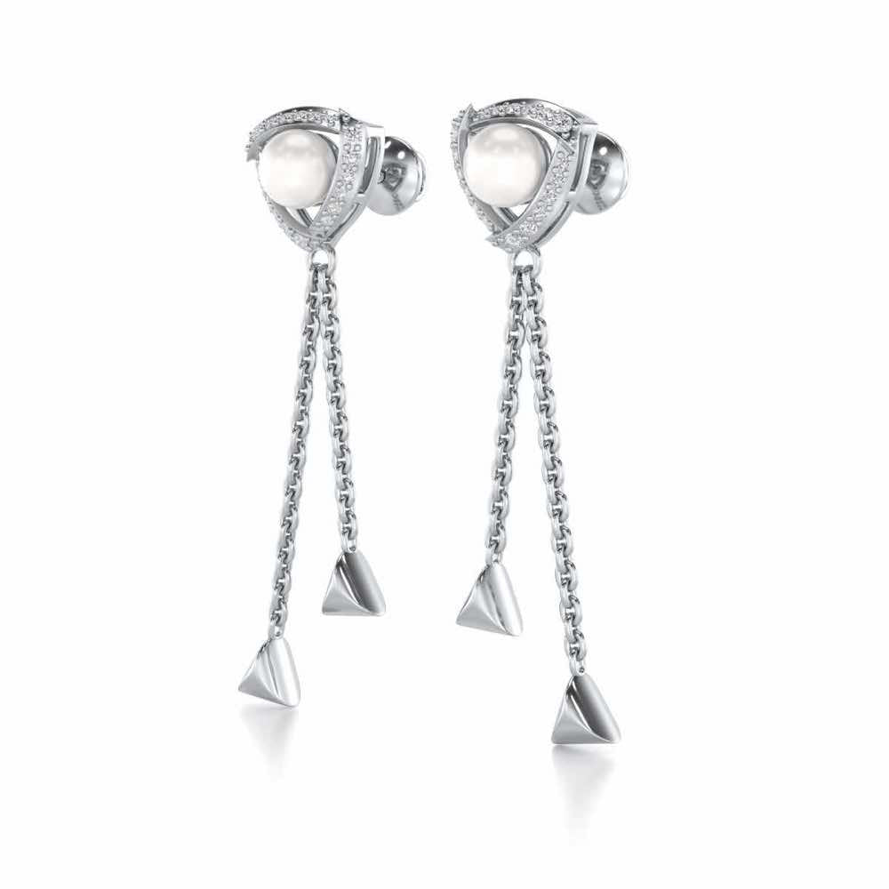 Pearl Eye Silver Dangler Earrings - White Gold - Image 3
