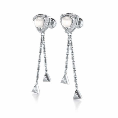 Pearl Eye Silver Dangler Earrings - White Gold - Image 3