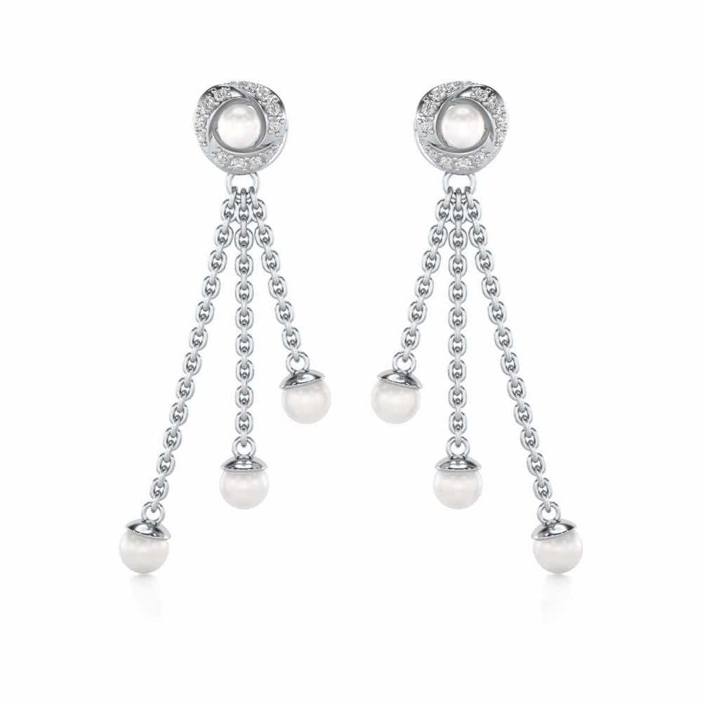 Pearl Wheel Silver Dangler Earrings - White Gold - Image 1