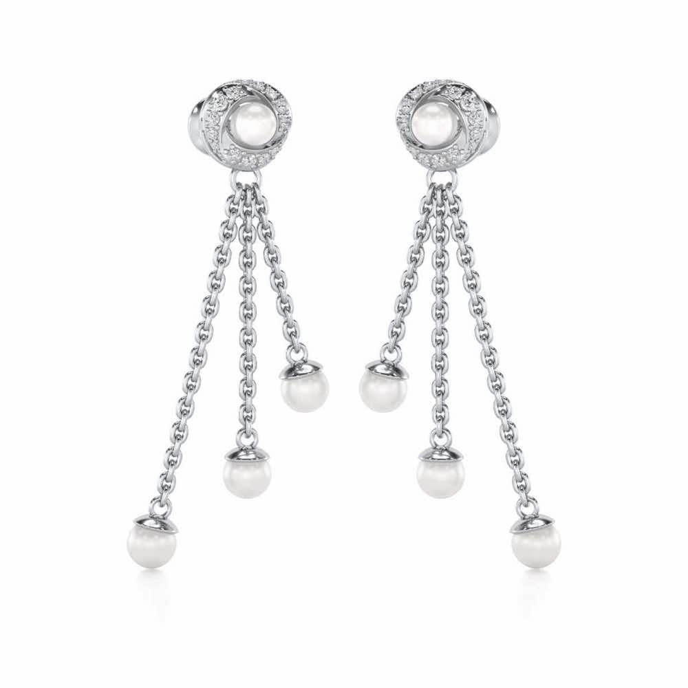 Pearl Wheel Silver Dangler Earrings - White Gold - Image 2