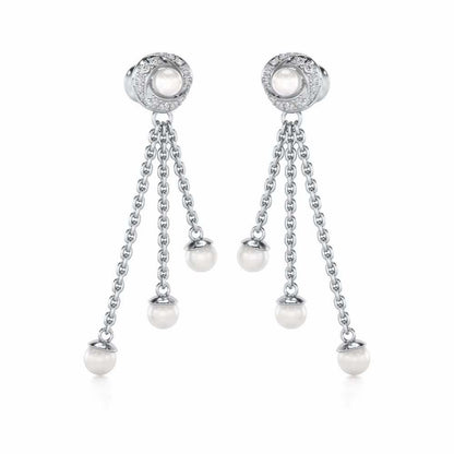 Pearl Wheel Silver Dangler Earrings - White Gold - Image 2