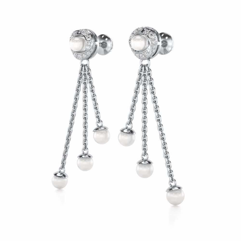Pearl Wheel Silver Dangler Earrings - White Gold - Image 3