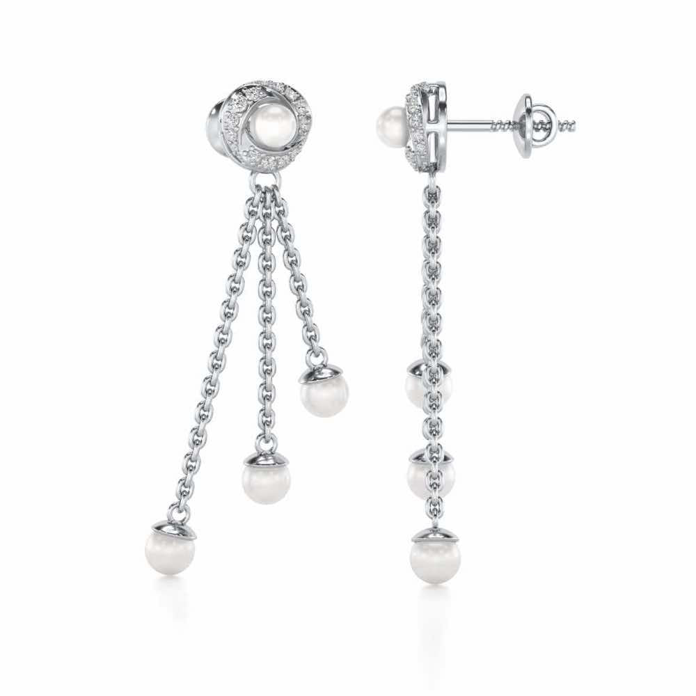 Pearl Wheel Silver Dangler Earrings - White Gold - Image 4
