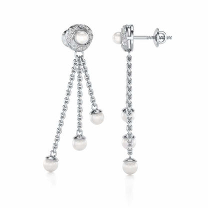 Pearl Wheel Silver Dangler Earrings - White Gold - Image 4