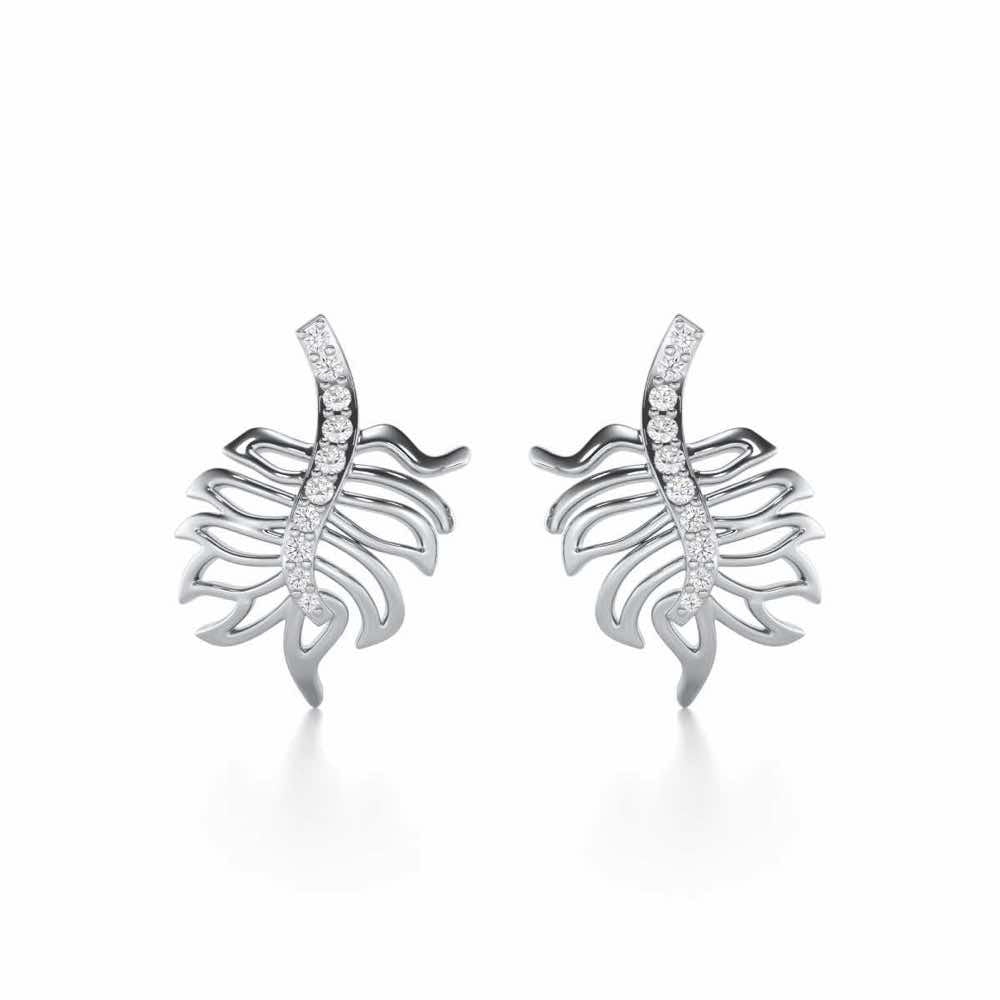 Pinnacle Leaf Silver Stud Earrings - White Gold - Image 1