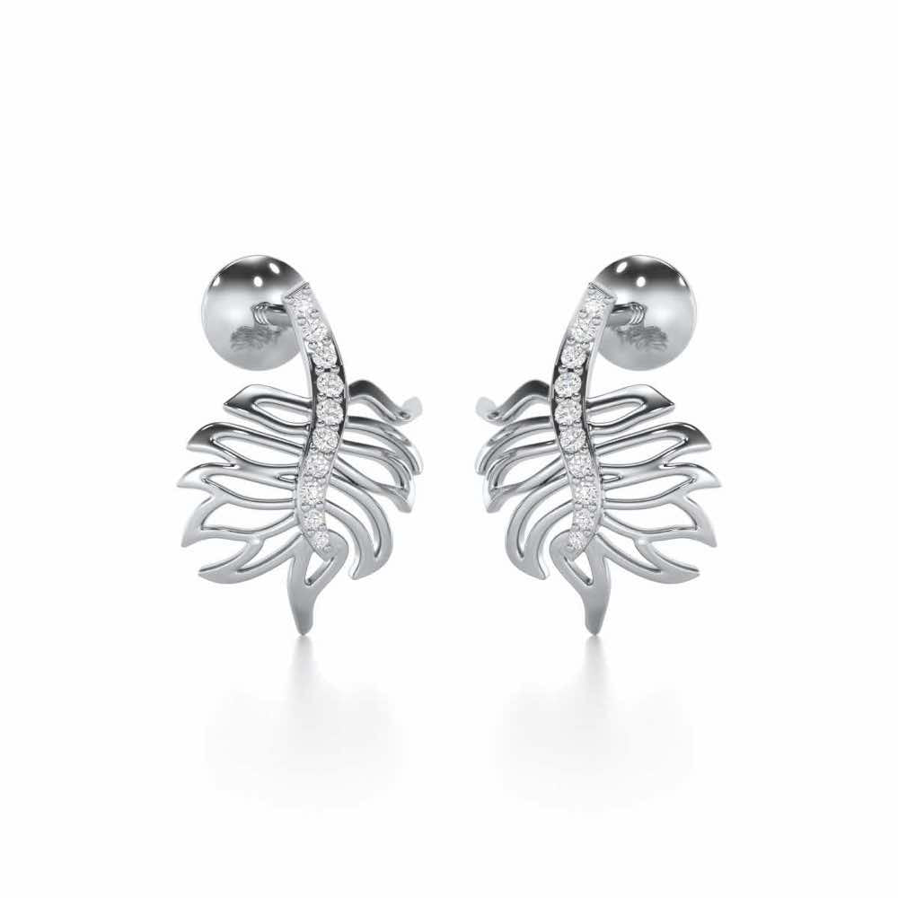 Pinnacle Leaf Silver Stud Earrings - White Gold - Image 2