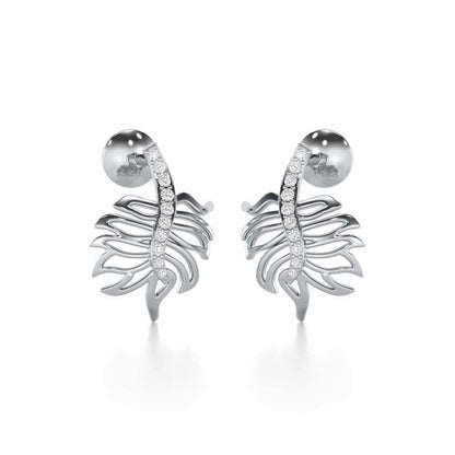 Pinnacle Leaf Silver Stud Earrings - White Gold - Image 2