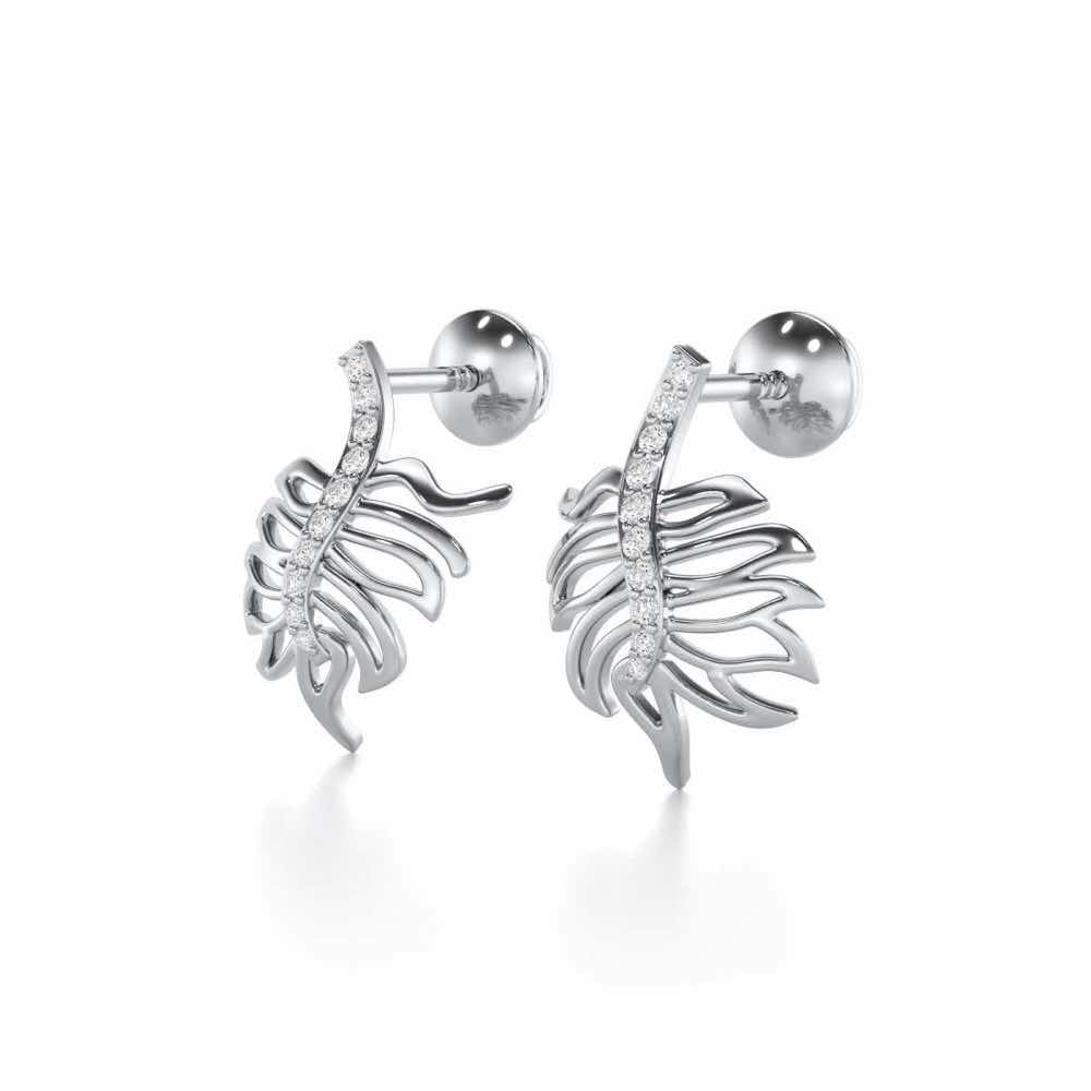 Pinnacle Leaf Silver Stud Earrings - White Gold - Image 3