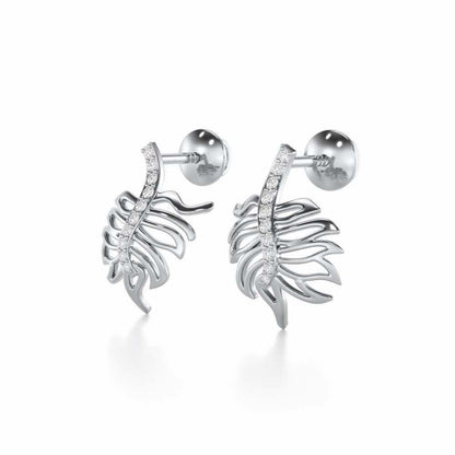 Pinnacle Leaf Silver Stud Earrings - White Gold - Image 3