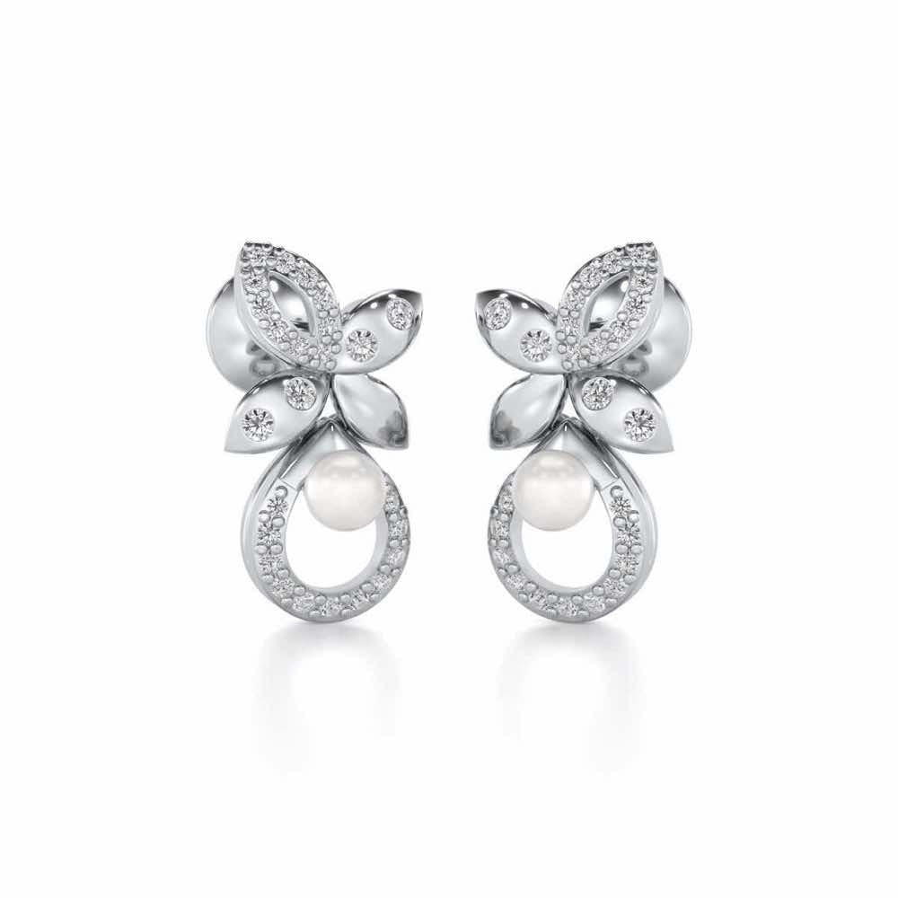 Plant Drop Silver Pearl Earrings - White Gold - Image 1