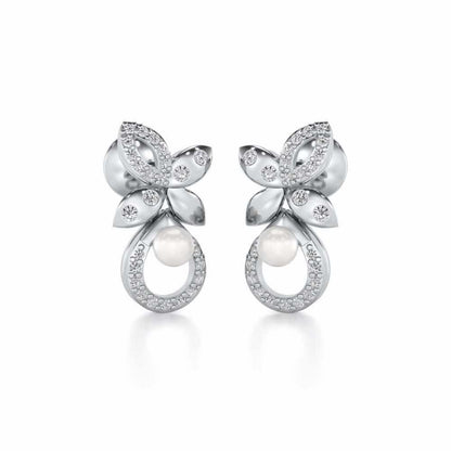 Plant Drop Silver Pearl Earrings - White Gold - Image 1