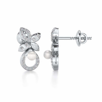 Plant Drop Silver Pearl Earrings - White Gold - Image 4
