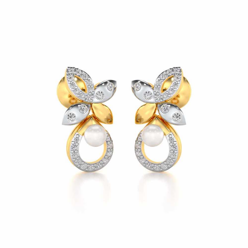 Plant Drop Silver Pearl Earrings - Yellow Gold - Image 1