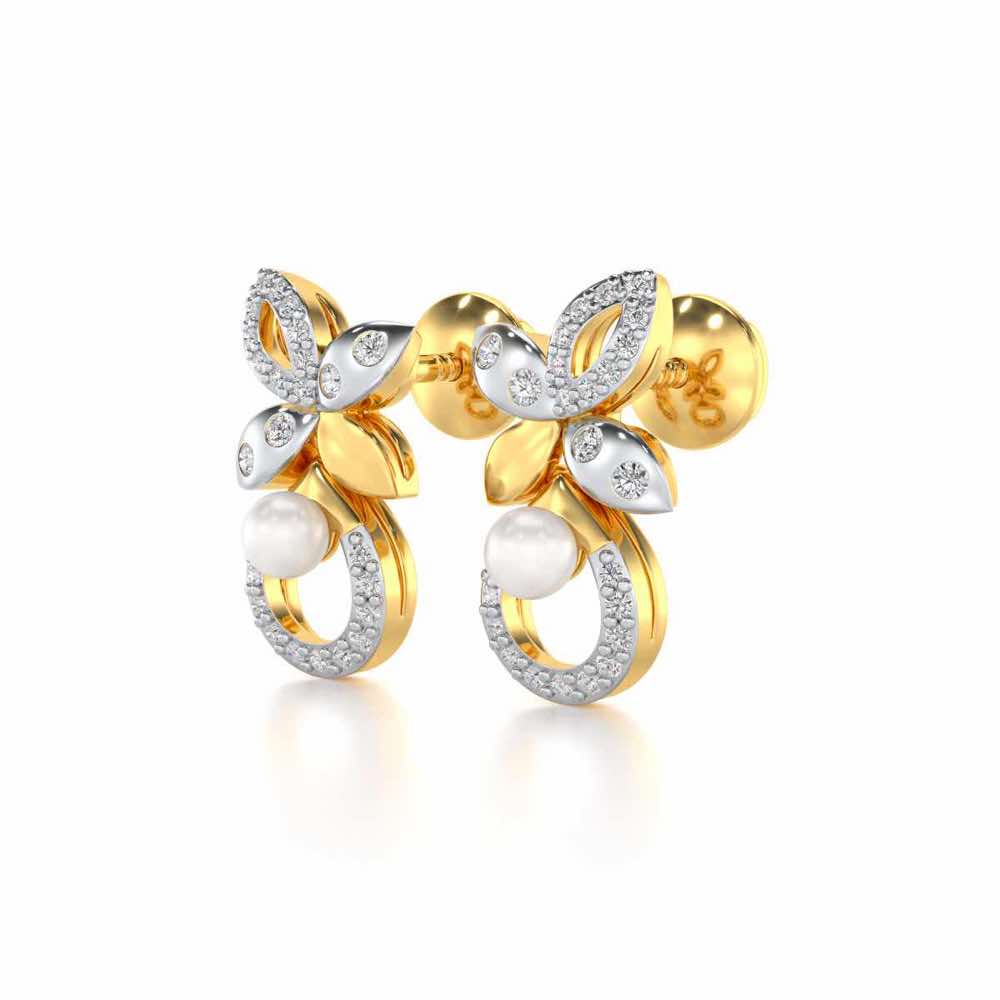 Plant Drop Silver Pearl Earrings - Yellow Gold - Image 3