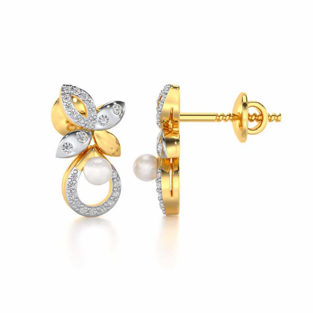 Plant Drop Silver Pearl Earrings - Yellow Gold - Image 4