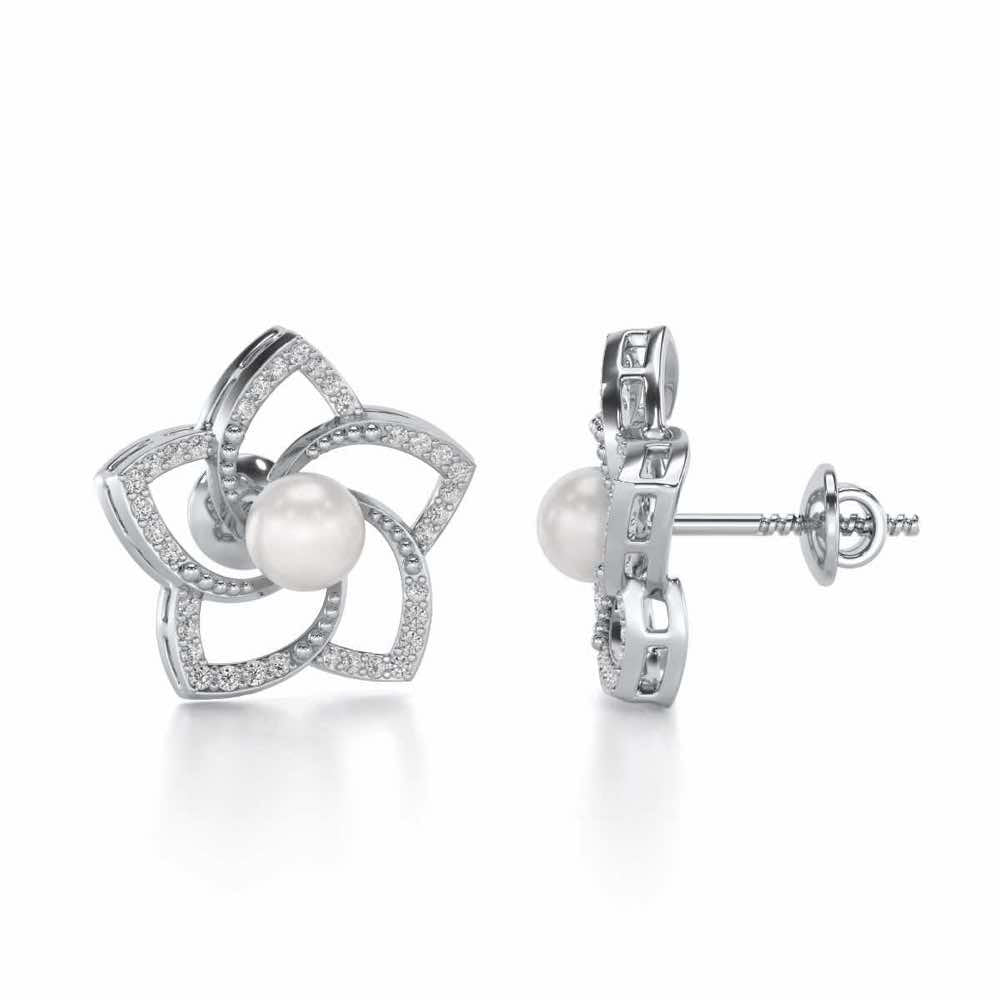 Pole Star Silver Pearl Earrings - White Gold - Image 4