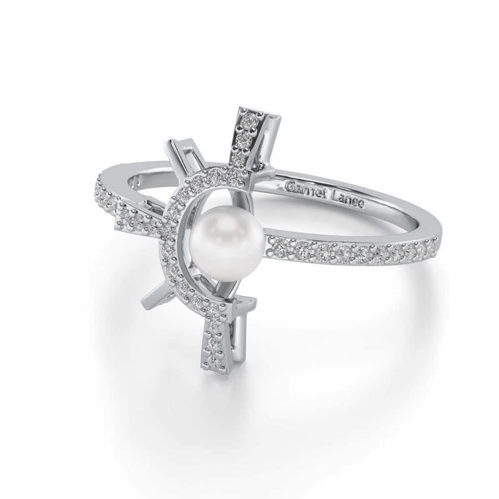 Semi Sun Silver Pearl Ring - White Gold - Image 2