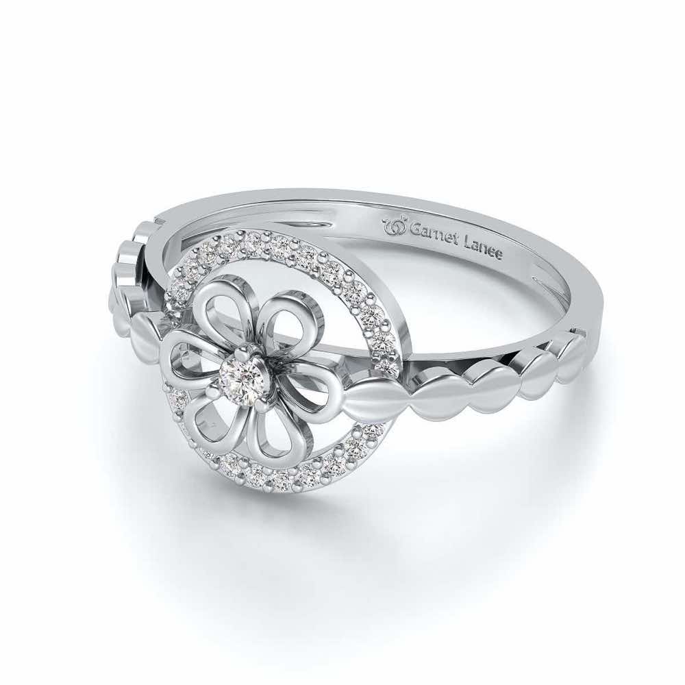 Shiny Circled Flower Silver Ring - White Gold - Image 2