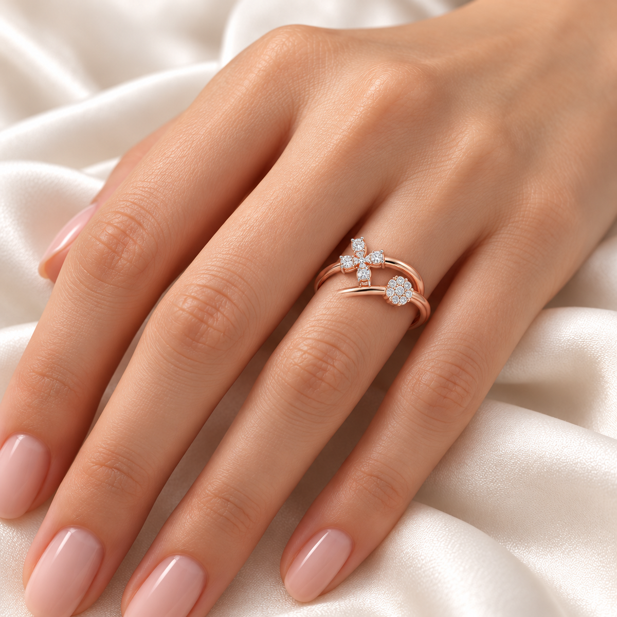 Simple Flower Silver Ring, rose gold finish, on-model image