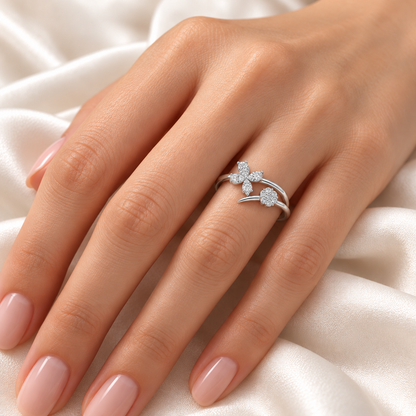 Simple Flower Silver Ring, white gold finish, on-model image