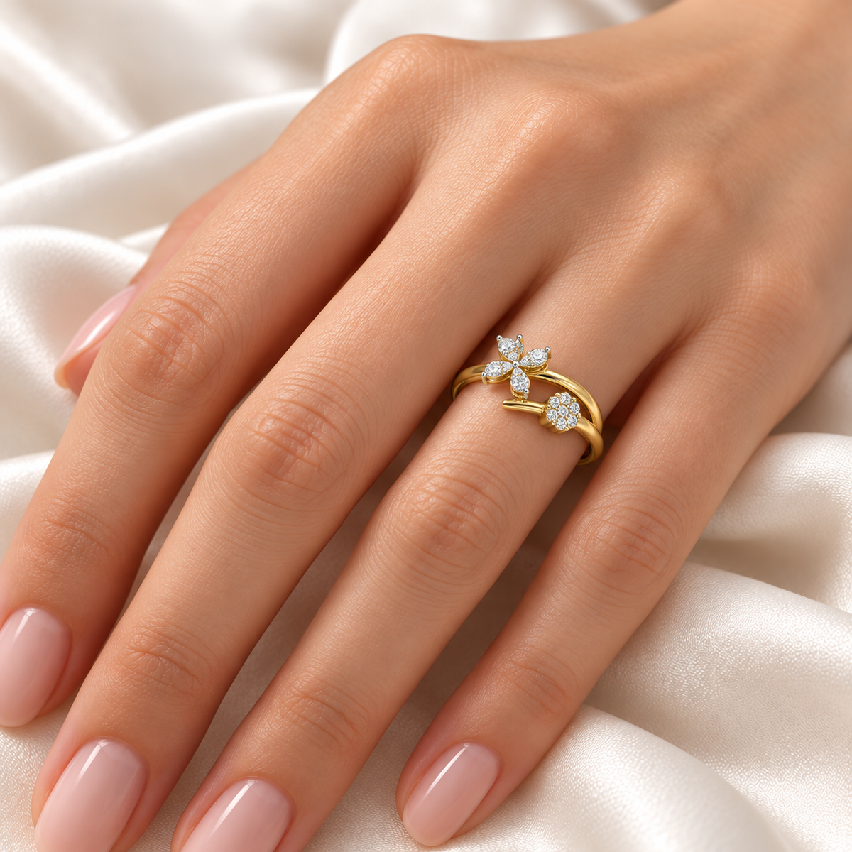 Simple Flower Silver Ring, yellow gold finish, on-model image