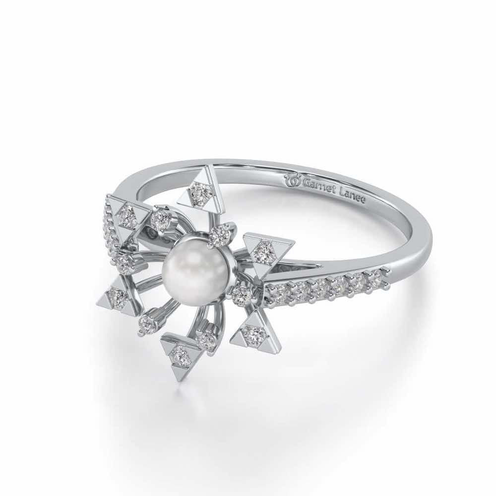 Snow Flake Silver Pearl Ring - White Gold - Image 2