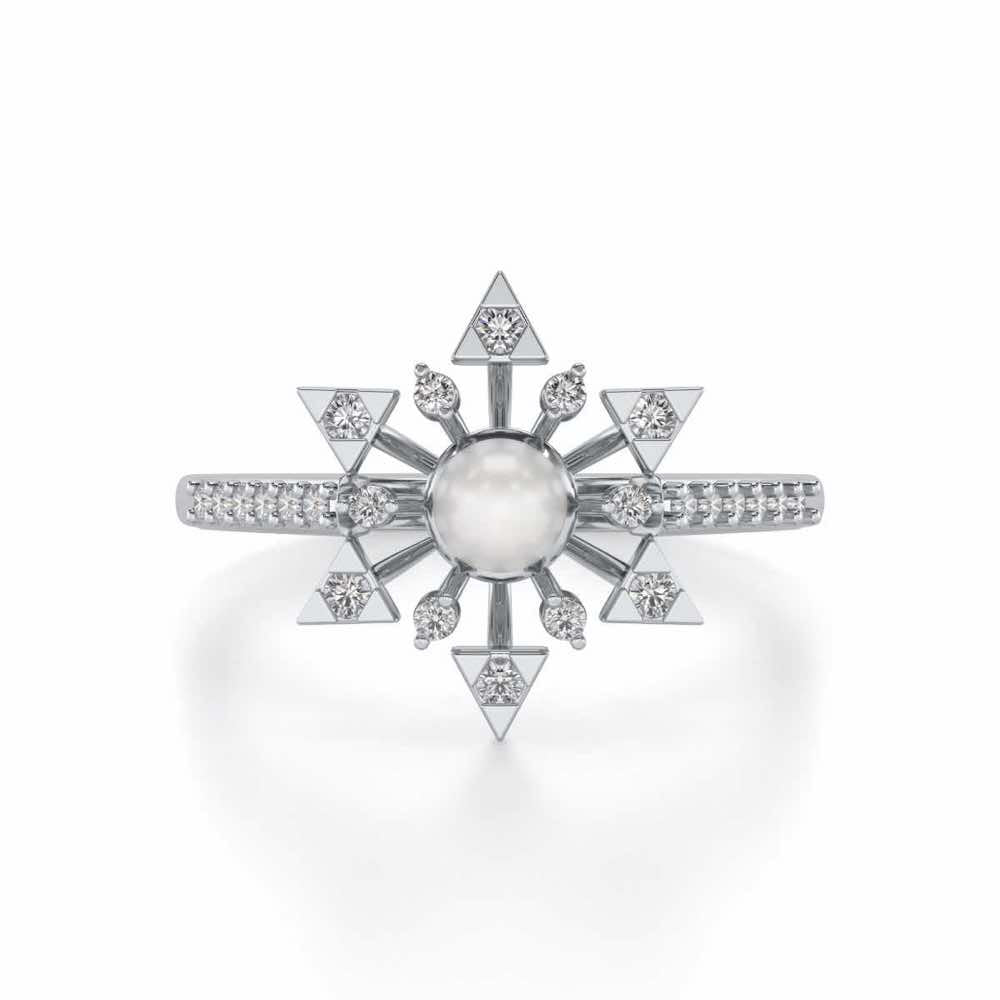 Snow Flake Silver Pearl Ring - White Gold - Image 4