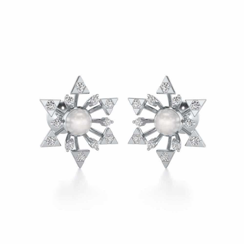 Snowflake Silver Pearl Earrings - White Gold - Image 1