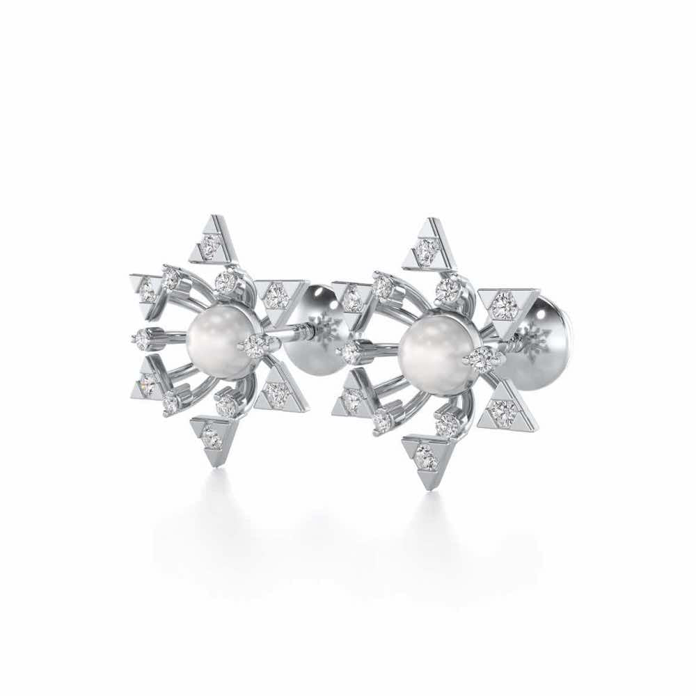 Snowflake Silver Pearl Earrings - White Gold - Image 3