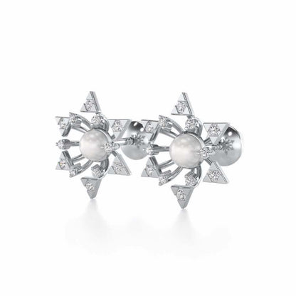 Snowflake Silver Pearl Earrings - White Gold - Image 3