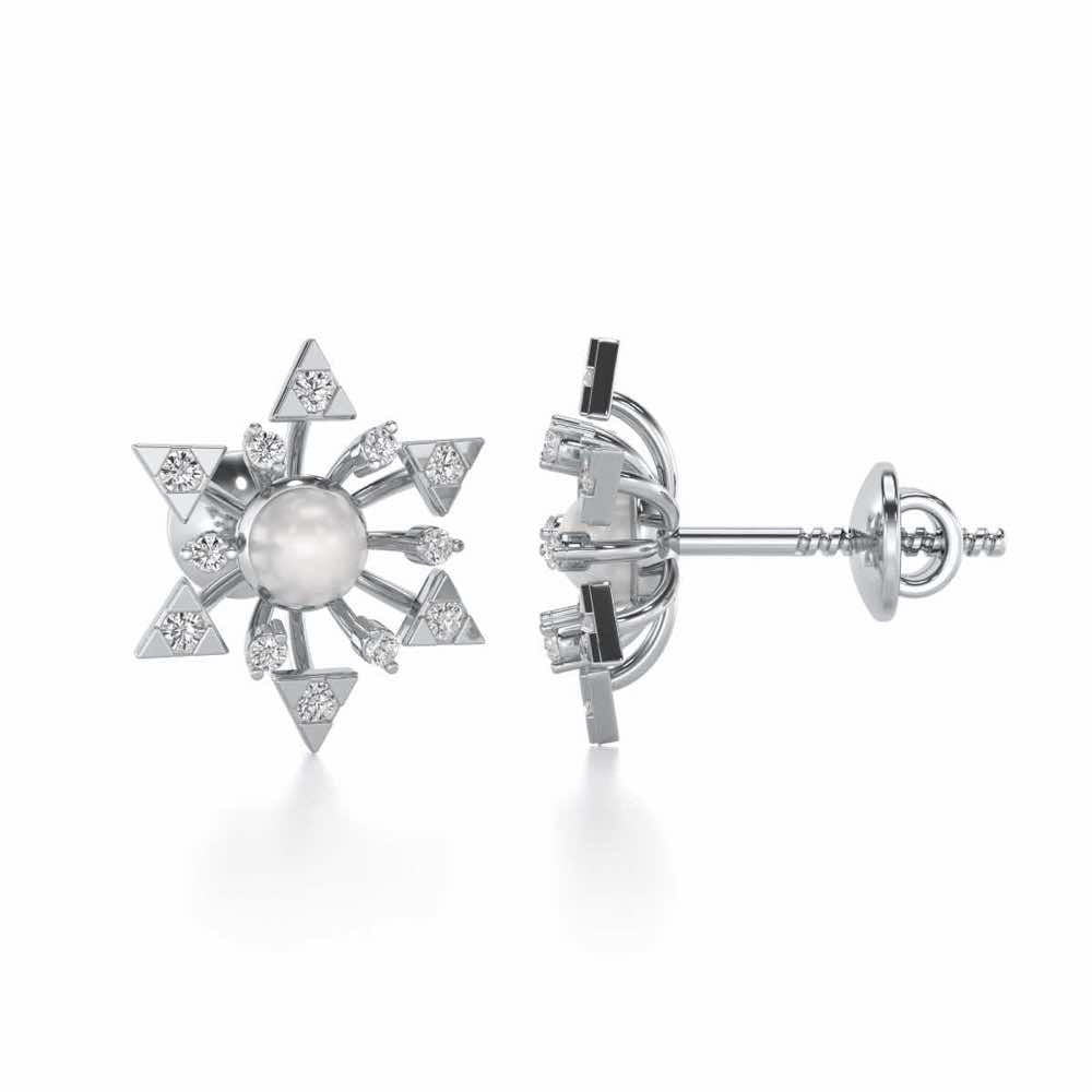 Snowflake Silver Pearl Earrings - White Gold - Image 4