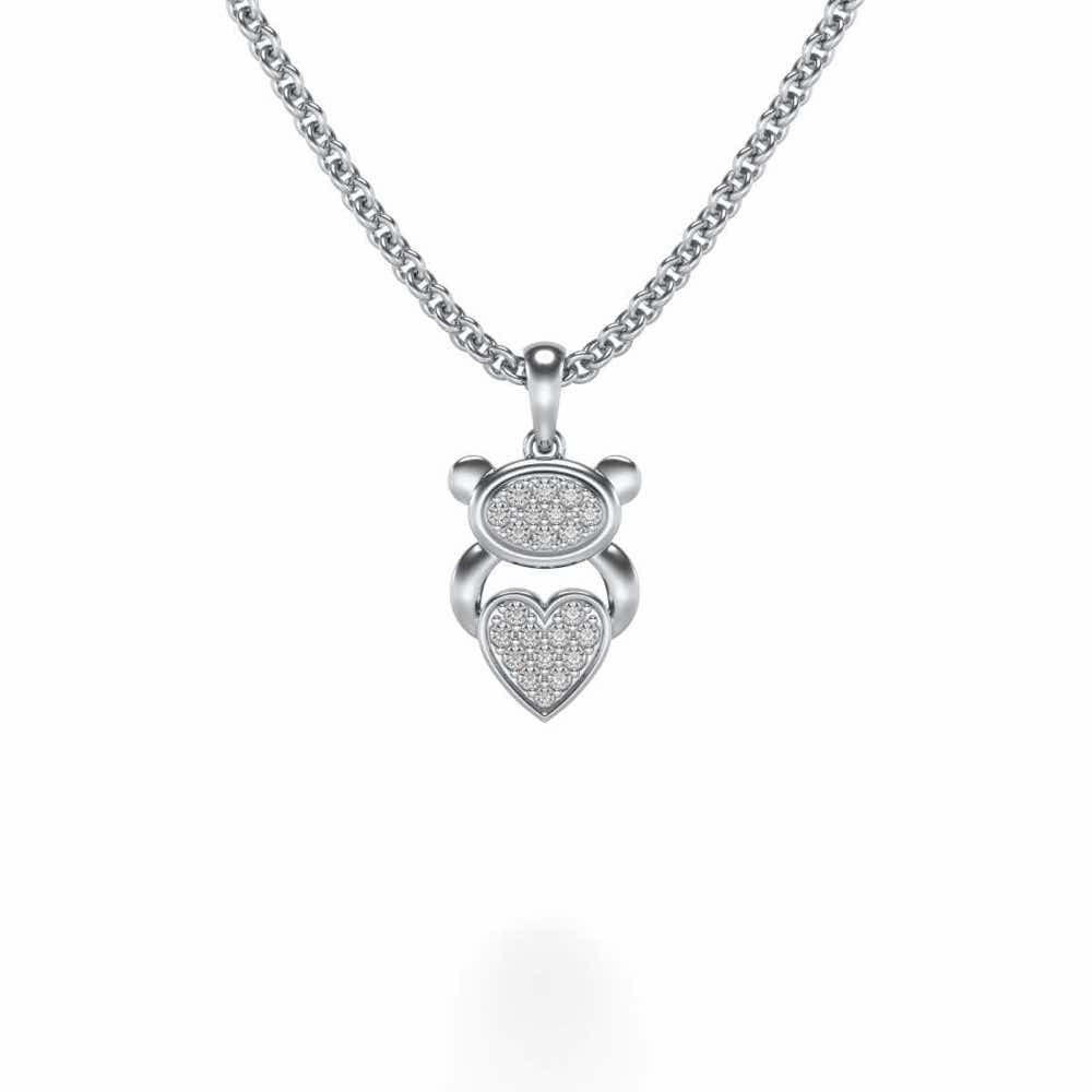 Teddy Heart Silver Pendant - White Gold - Image 1