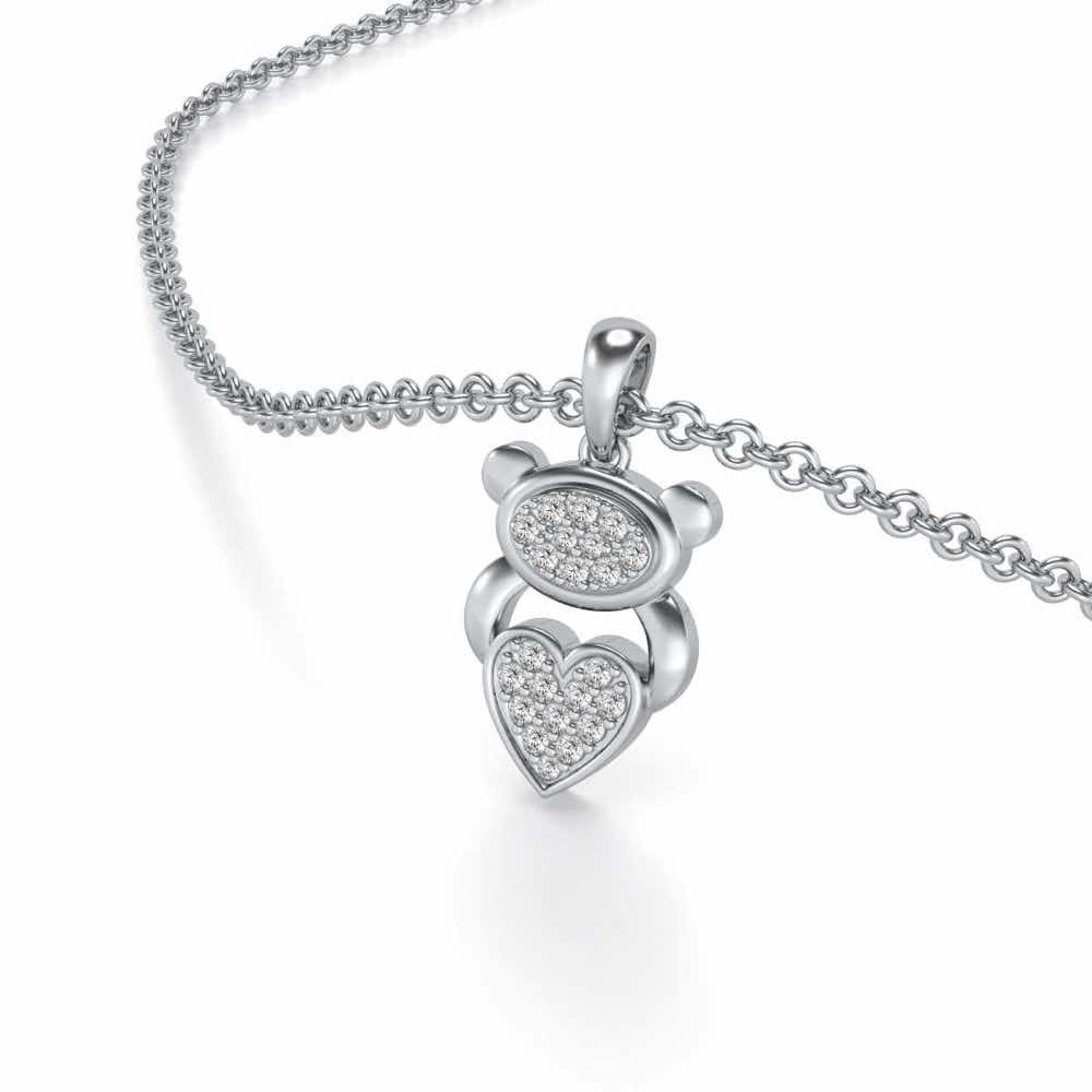 Teddy Heart Silver Pendant - White Gold - Image 2