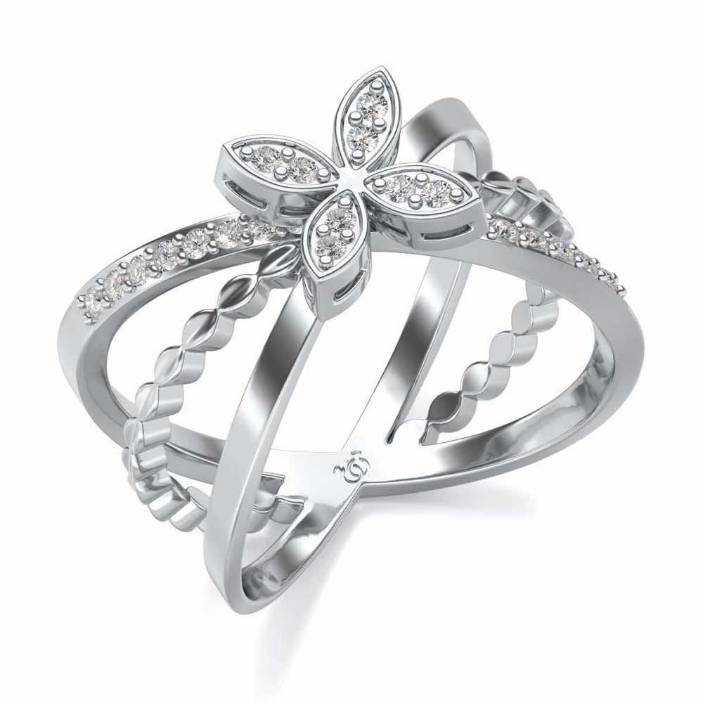 Three Branch Flower Silver Ring - White Gold - Image 1