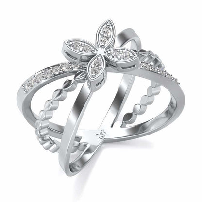 Three Branch Flower Silver Ring - White Gold - Image 1