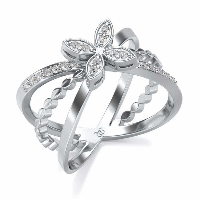 Three Branch Flower Silver Ring - White Gold - Image 1