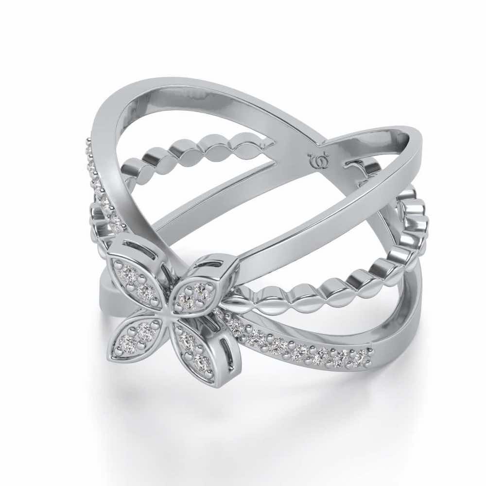 Three Branch Flower Silver Ring - White Gold - Image 2