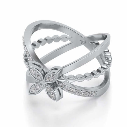 Three Branch Flower Silver Ring - White Gold - Image 2