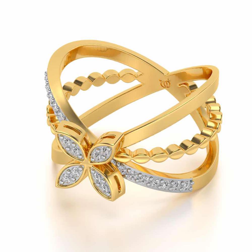 Three Branch Flower Silver Ring - Yellow Gold - Image 2