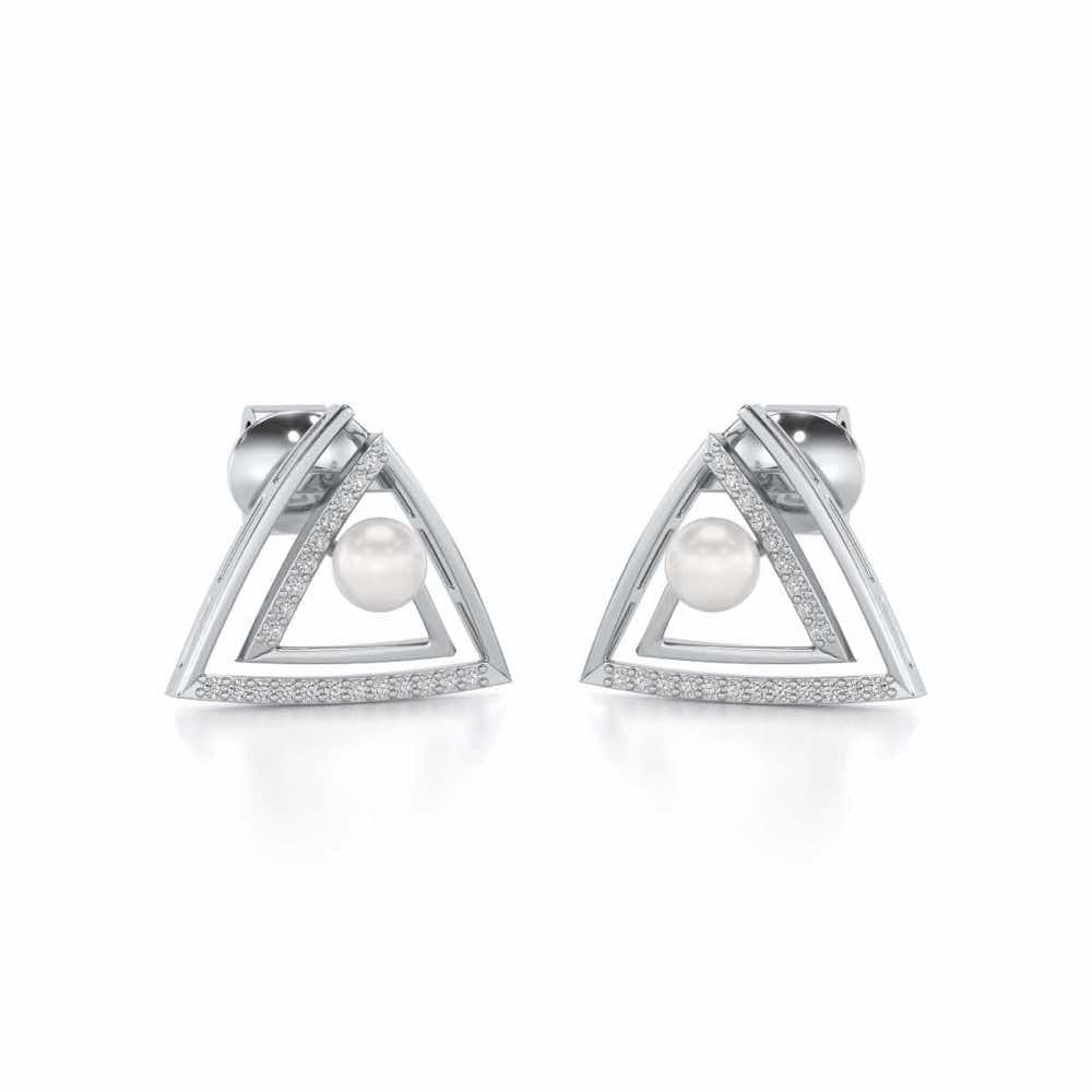 Trigoned Silver Pearl Earrings - White Gold - Image 1