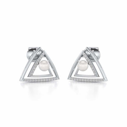Trigoned Silver Pearl Earrings - White Gold - Image 1