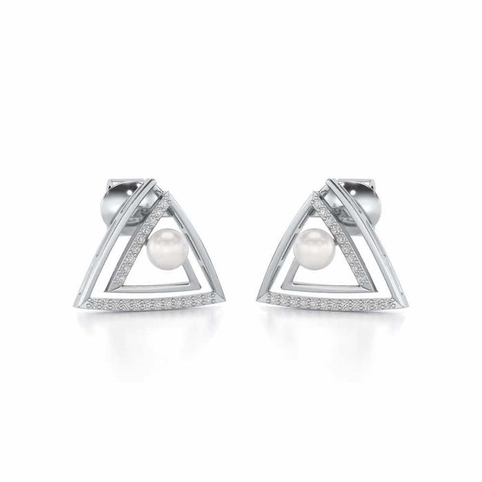 Trigoned Silver Pearl Earrings - White Gold - Image 1