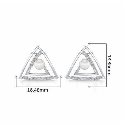 Trigoned Silver Pearl Earrings - White Gold - Image 2