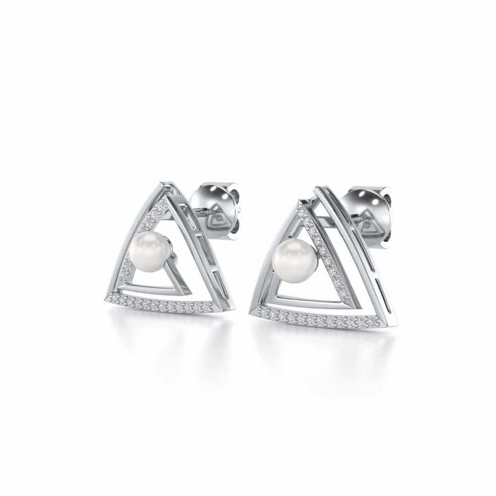 Trigoned Silver Pearl Earrings - White Gold - Image 3