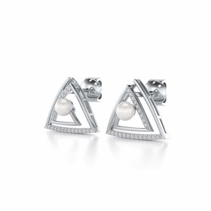 Trigoned Silver Pearl Earrings - White Gold - Image 3