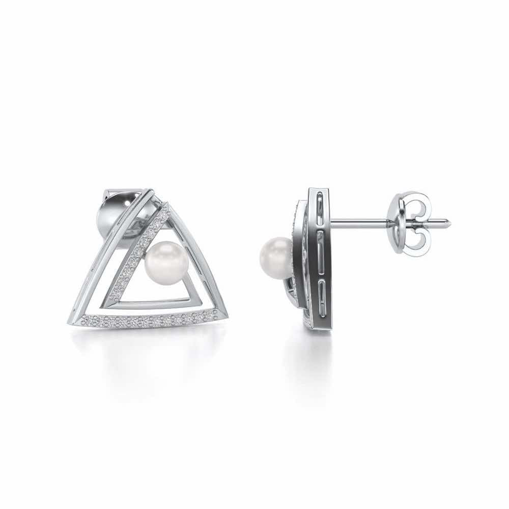 Trigoned Silver Pearl Earrings - White Gold - Image 4